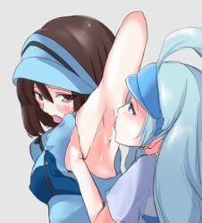 2girls ace_trainer_(pokemon) ace_trainer_(pokemon_sm) arm_behind_back armpit_fetish armpit_licking armpits blue_clothing blue_eyes blush breast_grab brown_eyes doruka elite_four female female_focus female_only game_freak hand_under_clothes hand_under_shirt kahili_(pokemon) licking licking_armpit multiple_girls nintendo npc_trainer pokemon pokemon_sm saliva sleeveless visor_cap yuri