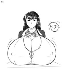 1girls big_breasts bow breast_focus busty button_down_shirt cleavage franktonius huge_breasts hyper hyper_breasts komi-san_wa_komyushou_desu komi_shouko long_hair massive_breasts monochrome motion_lines neutral_expression nipple_bulge