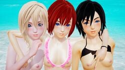 3d 3girls beach bikini blush breasts breasts_out disney female_only honey_select kairi kingdom_hearts namine nipples nobody_(kingdom_hearts) one-piece_swimsuit roseza smile square_enix water xion