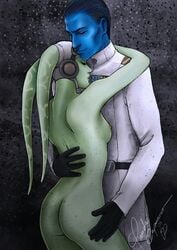 1boy 1girls ass breasts closed_eyes clothed clothing grand_admiral_thrawn hera_syndulla hi_res hugging interspecies male nipples nude pandacapuccino sideboob simple_background small_breasts star_wars star_wars_rebels twi'lek