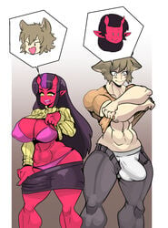 1boy 1girls abs animal_ears big_breasts big_penis black_hair body_swap brown_hair bulge demon demon_girl female happy muscular muscular_male oc onat onatart original_character original_characters panties red_body red_skin underwear white_pupils yellow_pupils yuki