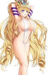 arms_above_head arms_behind_back arms_behind_head arms_up bikini blonde_hair blue_eyes breasts crown curvaceous curvy curvy_female curvy_figure hair_curl hair_ornament huge_breasts jewelry kamihime_project kamihime_project_r large_breasts long_hair navel nero_(kamihime) open_mouth posing prison_of_ice_disaster showing_off silver4x sling_bikini sweat very_long_hair voluptuous