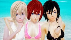 3d 3girls beach bikini blue_eyes disney female_only honey_select human kairi kingdom_hearts namine nobody_(kingdom_hearts) one-piece_swimsuit pale_skin red_hair roseza smile square_enix swimwear water xion