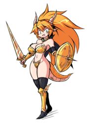 1girls bare_midriff bikini_armor dragon_girl dragon_horns dragon_humanoid green_eyes horns looking_at_viewer orange_hair original_character paulgq shield solo solo_female sword tagme tail warrior