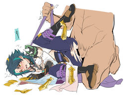 anal anal_sex blue_hair blush blushing boots censored choking clothed clothed/nude clothed_sex crying crying_with_eyes_open drool drooling eyes_rolling_back gay genshin_impact kanatia110 laying_on_side male on_side rape ripped_clothes ripped_clothing ripped_pants rolled_back_eyes shaking xiao_(genshin_impact) yaoi yellow_eyes