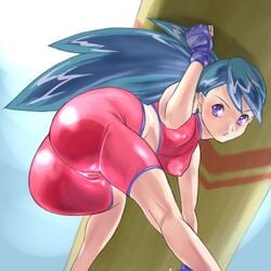 1girls angry ass athletic_female athletic_wear battle_girl_(pokemon) battle_girl_(pokemon_rse) bending_over bent_over bike_shorts blue_hair breasts cameltoe erect_nipples erection_under_clothes eyebrows female female_only fit fit_female human kneepits light-skinned_female light_skin nintendo nipples nipples_visible_through_clothing npc_trainer otsukare pink_clothing pokemon pokemon_(anime) pokemon_rse ponytail purple_eyes skin_tight solo solo_female