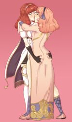 2girls ass ass_grab celica_(fire_emblem) clothed dress fire_emblem fire_emblem_echoes:_shadows_of_valentia fluffy_hair fully_clothed genny_(fire_emblem) groping groping_ass hands_on_ass inraneko kissing nintendo pink_hair red_hair tight_dress yuri