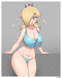 1girls bare_thighs bimbo blonde_hair blue_eyes blue_panties blue_shirt breasts cleavage clothing crop_top female female_only grey_background hair_over_one_eye huge_breasts long_hair mario_(series) navel nintendo panties princess_rosalina shirt simmsy simple_background slim_waist solo standing super_mario_galaxy thick_thighs thighs thin_arms thin_waist underwear wide_hips