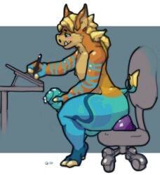 absurd_res anthro balls big_(disambiguation) bodily_fluids bright chair desk dildo dildo_chair domestic_pig furniture furry genital_fluids genitals girly hi_res male mammal office_chair penis precum sex_toy solo suid suina sus_(pig) wild_boar