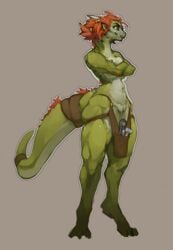 animal_humanoid anthro apron apron_only blacksmith clothing crossed_arms dragon dragon_humanoid female genitals green_body hair humanoid leather_straps mostly_nude nude orange_hair pussy red_hair scalie simple_background solo taus