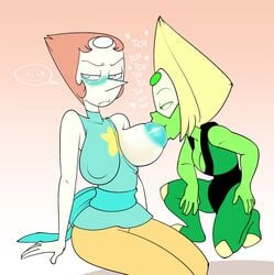 2girls alien_human alien_look_like_human areolae breast_sucking breasts daredemon7000 embarrassed erect_nipples female female_only gem_(species) huge_breasts large_areolae multiple_girls nipple_sucking nipples one_breast_out pearl_(steven_universe) peridot_(steven_universe) shortstack sitting steven_universe suckling yuri