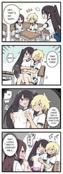 1boy 2021 2girls 4koma absurd_res annoyed ass bare_arms black_eyes black_hair blonde_hair blush breast_focus breast_grab breasts brown_eyes brown_hair buruma chair chin_grab closed_eyes clothing comic desk dialogue ear_piercing english_text eyebrows_visible_through_hair eyes_visible_through_hair female grabbing_from_behind grin gyaruo gym_uniform hair_over_one_eye hairclip heart highres hug indoors long_hair long_twintails looking_at_another male matching_hair/eyes medium_breasts messy_hair moaning motion_lines multiple_girls nipple_pinch nipple_stimulation nipple_tweak one_eye_closed open_mouth pervert piercing pointing pokies pout school see-through shirt short_hair shorts sitting sitting_on_lap sitting_on_person small_breasts smile sound_effects speech_bubble sweat tan teeth text thighs thought_bubble through_clothes tied_hair tongue translated twintail-chan_(white-stew) twintail-chan_will_have_s○x_in_100_days twintails webcomic wet wet_clothes white-stew wink