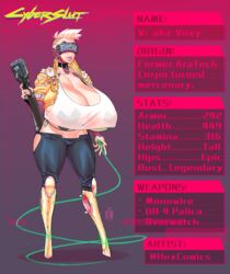 character_sheet cyberpunk cyberpunk_2077 female female_only gigantic_breasts hexamous solo_female visor voxy