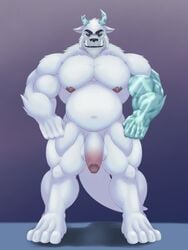 1boy 4_toes anthro balls broken_horn danny_phantom fangs feet fist frostbite_(danny_phantom) fur genitals hi_res horn humanoid_genitalia humanoid_penis hunnipanda looking_at_viewer male male_only monster musclegut muscular muscular_anthro muscular_male nickelodeon nipples nude pecs penis solo standing toes white_balls white_body white_fur yeti