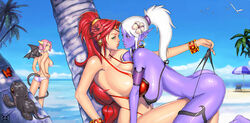 3girls ass beach big_breasts bikini bikini_bottom bikini_lift bikini_pull bikini_top blue blue_sky breasts butterfly cloud clouds demon_girl detailed_background elf elf_ears elf_female eyepatch female female_focus female_only flower flower_in_hair green_eyes horn horns huge_breasts kandi_(manaworld) lesbian long_hair manaworld multiple_girls ocean pink_hair pirate pointy_ears purple_eyes purple_skin red_hair sand sea seagull seaside sky succubus syx tail tits veronika_red white_hair wings