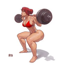 1girls barbell barefoot big_ass big_breasts bikini breasts cleavage female female_only ginger ginger_hair hair_bun iranon muscular muscular_female red_hair redhead solo solo_female squatting weightlifting weights working_out