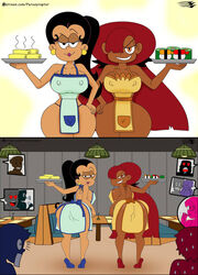 apron apron_bow apron_only ass ass_through_clothes back_view backside big_ass big_breasts big_butt black_hair breasts brown_hair bubble_ass bubble_butt carlota_casagrande curvaceous ferozyraptor hekapoo holding_food holding_object hourglass hourglass_figure huge_ass huge_breasts looking_at_viewer looking_back nipple_bulge nipples nipples_visible_through_clothing purple_lipstick pussy_outline reaction red_hair restaurant shocked shocked_expression showing_off sideboob smirk smirking star_vs_the_forces_of_evil sweat the_casagrandes the_loud_house tight_clothing tight_fit waitress