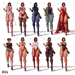 big_breasts character_sheet dc dc_comics heels iranon lingerie model_sheet muscular muscular_female naked_with_shoes_on raven_(cosplay) thick thick_thighs thighhighs