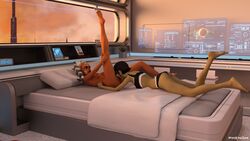 2girls 3d ahsoka_tano barriss_offee bed clone_wars cunnilingus dark-skinned_female daz3d daz_studio green_skin jedi looking_at_partner one_leg_up phenom77 spread_legs star_wars yuri