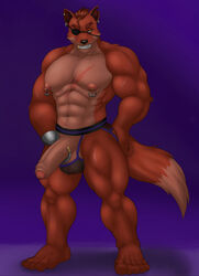 5_toes abs alternate_version_at_source anthro balls canid canine clothed clothing crotchless_clothing crotchless_underwear ear_piercing ear_ring eye_patch eyewear feet five_nights_at_freddy's foreskin fox foxy_(fnaf) fur genitals gold_(metal) gold_tooth grin hook_hand humanoid_genitalia humanoid_penis hunnipanda looking_at_viewer male male_only mammal muscular muscular_anthro muscular_male narrowed_eyes nipple_piercing nipples notched_ear pecs penis piercing purple_clothing purple_underwear red_body red_fur scar smile solo standing toes topless uncut underwear veiny_penis video_games