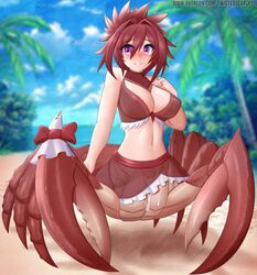 2021 areola arthropod arthropod_taur blurred_background breasts crab crab_taur crustacean crustacean_taur decapoda digital_media_(artwork) eyebrows eyelashes female fingers genitals hi_res looking_at_viewer malacostracan marine marine_taur monster_girl monster_girl_1000 navel nipples nude original_character outside purple_eyes pussy smile solo taur text twistedscarlett60 url