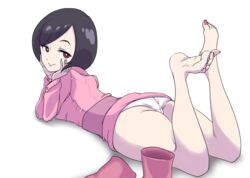 1girls 2010s barefoot bedroom_eyes black_hair breasts brown_eyes feet female female_focus female_only hands_on_face hands_on_own_face laying_on_stomach lying_on_stomach nintendo npc_trainer on_stomach painted_nails panties parasol_lady_(pokemon) parasol_lady_(pokemon_bw) pink_nail_polish pink_nails pokemon pokemon_bw shoes_removed short_black_hair short_hair solo solo_female the_pose toenail_polish toenails underwear upskirt white_panties