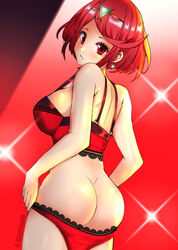 1340smile 1girls ass bra ear_piercing female female_only light-skinned_female light_skin lipstick nipples panties pants_down pyra pyra_(xenoblade) red_eyes red_hair short_hair sideboob solo solo_female xenoblade_(series) xenoblade_chronicles_2