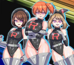 3girls alternate_breast_size brown_hair enemy_conversion female female_only gloria_(pokemon) hat holding_poke_ball hourglass_figure hypnosis kasumi_(pokemon) large_breasts latex may_(pokemon) may_(pokemon_oras) mind_control misty_(pokemon) nintendo nipple_bulge no0o0n0o0on orange_hair pale-skinned_female pale_skin pink_eyes poke_ball pokemon pokemon_oras pokemon_rgby pokemon_ss team_rocket team_rocket_uniform thighhighs wide_hips