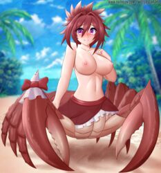 2021 areola arthropod arthropod_taur blurred_background breasts crab crab_taur crustacean crustacean_taur decapoda digital_media_(artwork) eyebrows eyelashes female fingers genitals hi_res looking_at_viewer malacostracan marine marine_taur monster_girl monster_girl_1000 navel nipples nude original_character outside purple_eyes pussy smile solo taur text twistedscarlett60 url