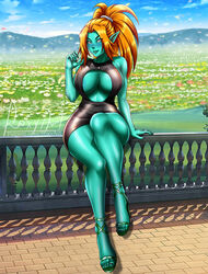 breasts cleavage dress flowers foxyart gray_eyes high_heels looking_at_viewer meadow orange_hair pointy_ears ponytail sitting sitting_on_fence tagme teal_skin thick_thighs