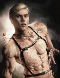 1boy abs annoying_watermark attack_on_titan blonde_hair bolo_tie erect_nipples erwin_smith gray_eyes harness harness_only human human_only male male_focus male_only out_of_frame_censoring pale-skinned_male pale_skin pecs realistic shingeki_no_kyojin solo solo_male spilled_milk watermark xtevestrange