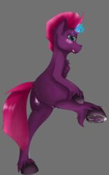 absurd_res anus black_background broken_horn equid equine female feral fluffy friendship_is_magic genitals ginnythequeen hasbro hi_res horn horse horseshoe mammal my_little_pony my_little_pony:_the_movie_(2017) pony pussy raised_leg simple_background solo tempest_shadow_(mlp)