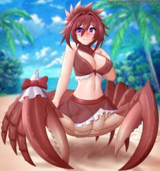 2021 areola arthropod arthropod_taur blurred_background breasts crab crab_taur crustacean crustacean_taur decapoda digital_media_(artwork) eyebrows eyelashes female fingers genitals hi_res looking_at_viewer malacostracan marine marine_taur monster_girl monster_girl_1000 navel nipples nude original_character outside purple_eyes pussy smile solo taur text twistedscarlett60 url