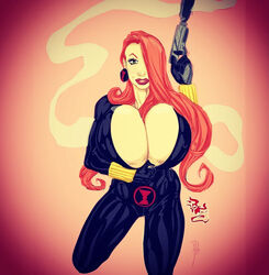 1girls black_widow_(marvel) bodysuit boobdan breasts_bigger_than_head bursting_breasts cleavage earrings female female_only gun huge_breasts human human_only marvel marvel_comics natasha_romanoff red_hair rsterling solo solo_female tight_clothing unzipped unzipped_bodysuit weapon