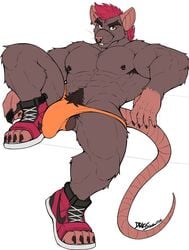 1boy abs anthro ass big_muscles breasts briefs clothing drks fur genitals hi_res invalid_tag male male_only mammal mouse murid murine muscular muscular_anthro muscular_male nipples orange_underwear partially_clothed penis rodent solo underwear