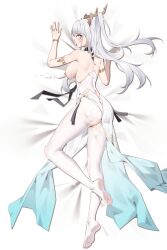 1girls absurdres azur_lane bare_back bracelet breasts cum cum_in_pussy dakimakura_(medium) dragon_girl dragon_horns dress feet female female_orgasm hair_on_horn highres horns jewelry light-skinned_female light_skin long_hair looking_at_viewer looking_back nipples no_bra orgasm pantyhose red_eyes ring sakura_empire_(azur_lane) shimanto_(azur_lane) sideboob skirt soles torn_clothes torn_pantyhose white_dress white_hair white_pantyhose white_skirt wsfw