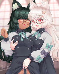 2girls :d animal_ear_fluff animal_ears black_dress blurry blurry_background blush borrowed_character bow breasts brown_eyes collared_shirt commentary_request depth_of_field dress eye_contact glasses green_bow green_hair green_ribbons hand_up indoors long_hair long_sleeves looking_at_another medium_breasts multiple_girls nail_polish nanopai_kakumeikokonoyu neck_ribbon oerba_yun_fang open_mouth original puffy_long_sleeves puffy_sleeves pussy_juice red-framed_eyewear red_nails ribbon shirt signature smile twitter_username very_long_hair white_hair white_shirt window yuri