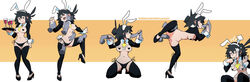 black_hair black_panties bunny_ears bunny_tail cum groping group_sex high_heels kneeling leg_lift leg_up lucia_(scott_malin) multiple_poses multiple_views oral original original_character panties pasties reverse_bunnysuit scott_malin sex side-tie_panties standing the_panty_bear thighhighs vaginal_penetration