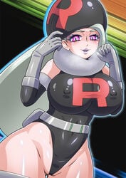 1girls alternate_breast_size enemy_conversion female female_only hat hourglass_figure hypnosis hypnotized large_breasts latex melony_(pokemon) mind_control nintendo nipple_bulge no0o0n0o0on pale-skinned_female pale_skin pink_eyes pokemon pokemon_ss silver_hair team_rainbow_rocket team_rocket thick_thighs wide_hips