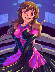 1girls bodysuit breasts brown_hair chiaki_(tom910) cosplay female gundam high_resolution large_breasts latex long_hair maria_owens mobile_trace_suit pilot_suit pink_bodysuit rain_mikamura_(cosplay) red_eyes sd_gundam sd_gundam_g_generation skin_tight smile solo tom910