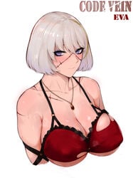 bangs blonde_hair blush breasts character_name closed_mouth code_vein collarbone copyright_name covered_nipples cropped_torso eva_roux female highres jewelry large_breasts laserflip looking_at_viewer multicolored_hair pendant platinum_blonde_hair purple_eyes rosaline scar scar_on_face short_hair simple_background solo streaked_hair upper_body white_background