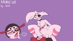 2boys anal anal_sex angel_dust_(hazbin_hotel) animated anthro balls blush blushing bowtie cat chest_tuft cowgirl_position cum cum_while_penetrated cumshot femboy furry gay hazbin_hotel husk_(hazbin_hotel) looking_pleasured male male/male male_on_male male_only male_penetrated male_penetrating naked nude_male penis ses_vanbrubles sound spider stomach_bulge tagme thick_thighs video vivienne_medrano white_body white_hair yaoi