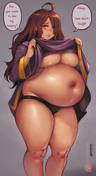 bbw belly_overhang big_belly big_breasts big_female black_panties blush blushing brown_hair chubby chubby_female embarrassed fat fat_female fat_fetish fat_girl fat_woman fatty kipteitei kono_subarashii_sekai_ni_shukufuku_wo! large_female obese obese_female orange_eyes overweight overweight_female pig plump pork_chop shy text_bubble thick_thighs tubby tummy weight_gain wiz_(konosuba)