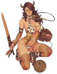 1girls bell_collar blue_eyes branwen brown_hair cleavage collar cow_girl cow_horns cow_print cowgirl female female_only femsub heterochromia hucow large_breasts leggings long_hair oda_non queen's_blade red_eyes revealing_clothes sandals shield slave slave_collar solo submissive_female sword voluptuous