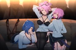 3girls age_difference au_ra before_sex biting_lip black_hair blue_hair bra cat_ears catgirl condom condom_in_mouth decima final_fantasy final_fantasy_xiv garlean garter_straps hair_over_one_eye hands_behind_head horns implied_sex large_breasts laying_down lifting_skirt looking_at_viewer miqo'te multicolored_hair multiple_males nail_polish old_man one_eye_covered pantyhose pink_hair scales school_uniform schoolgirl sin_faye sitting stockings tail tie xaela yellow_eyes zephyr_winds