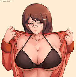 1girls bakemonogatari black_bra bra breasts brown_hair cleavage expressionless female female_only glasses hair_ornament hairclip hanekawa_tsubasa large_breasts long_hair monogatari_(series) open_clothes open_shirt simple_background solo yomichiboy