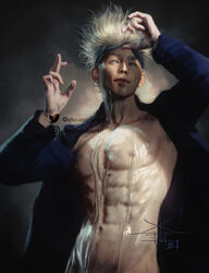 1boy abs asian_male erect_nipples exposed_nipples human human_only jujutsu_kaisen male male_focus male_only nipples nude open_shirt out_of_frame_censoring pecs satoru_gojo solo solo_focus solo_male spilled_drink spilled_milk watermark white_hair xtevestrange