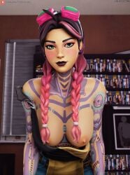 3d beach_jules blush blushing breasts darkbahamuth exposed_breasts eyewear_on_head flashing fortnite goggles goggles_on_head jules_(fortnite) looking_at_viewer multicolored_hair pinup showing_breasts tattoo tattoos wardrobe_malfunction