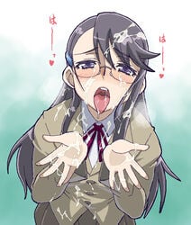 bukkake clothing cum face female glasses haganemaru_kennosuke heartcatch_precure! heartcatch_pretty_cure! long_hair open_mouth precure pretty_cure saliva school_uniform tongue translated tsukikage_yuri uneven_eyes very_long_hair