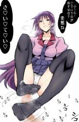 1boy bakemonogatari black_socks black_thighhighs blue_necktie blue_skirt blur_censor breasts censored closed_mouth collared_shirt feet_out_of_frame female footjob footjob_with_legwear foreshortening full_body highres impossible_clothes itachou juliet_sleeves knees_up legs long_hair long_sleeves medium_breasts miniskirt monogatari_(series) motion_lines naoetsu_high_school_uniform necktie nice_knee_socks_day no_shoes out_of_frame panties pink_shirt pleated_skirt precum puffy_sleeves purple_hair school_uniform senjougahara_hitagi shirt simple_background skirt socks solo_focus sound_effects speech_bubble thigh_socks thighhighs thighs two-footed_footjob underwear very_long_hair white_background white_panties